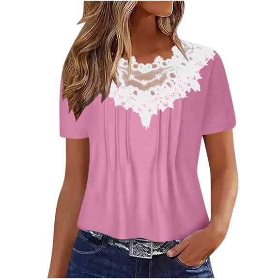 Mittory Women's Plus Size Tops Casual Solid Blouse Short Sleeve Lace Crochet Trendy Tunic Tops