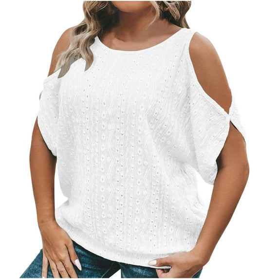 Mittory Women's Plus Size Tops Eyelet Embroidery Cold Shoulder Short Sleeve Scoop Neck Tee T Shirts