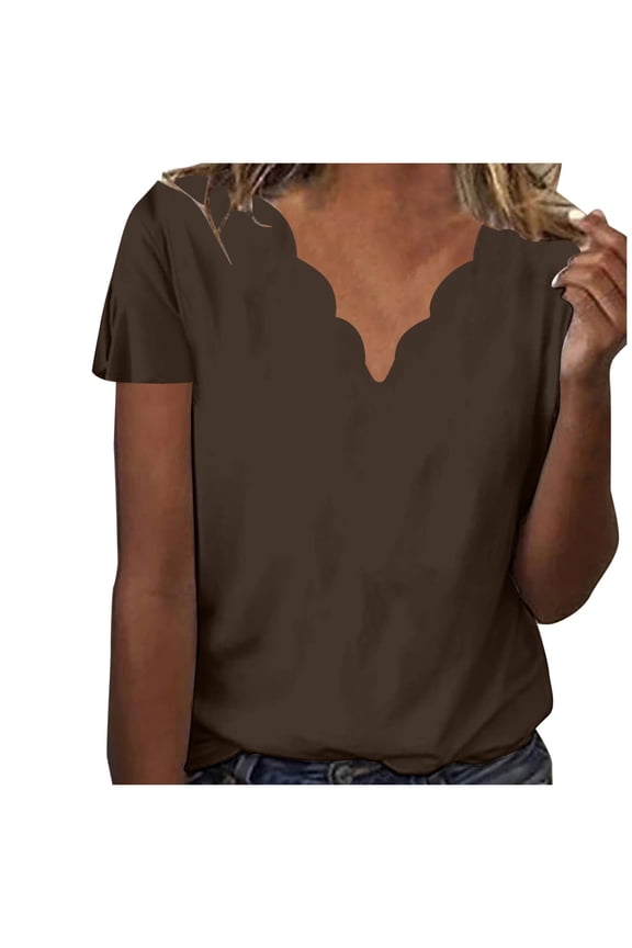Women's Plus Size Tops Short Sleeve V Neck Scalloped T Shirts Dressy Casual Blouse Loose Fitted Tees