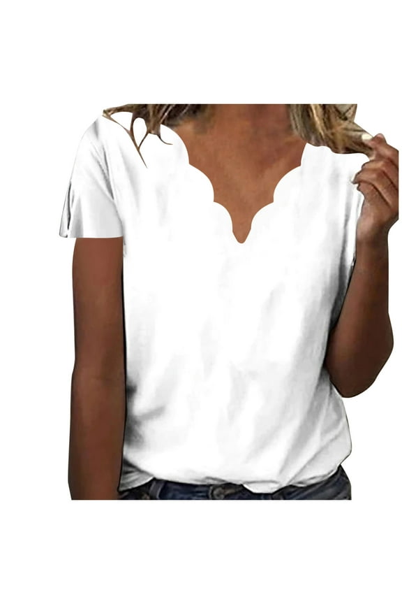 Women's Plus Size Tops Short Sleeve V Neck Scalloped T Shirts Dressy Casual Blouse Loose Fitted Tees