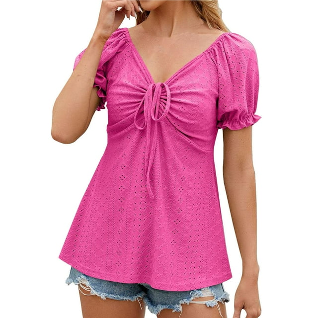 Mittory Women's Puff Short Sleeve Drawstring Sweetheart Neck Peplum Tee Eyelet Embroidery T Shirt Tops