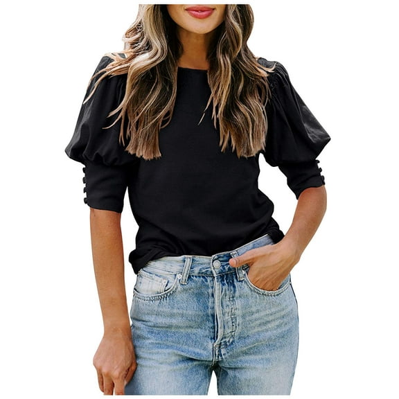 Mittory Women's Puff Sleeve Tops Summer Crewneck Loose Casual Blouse Shirts