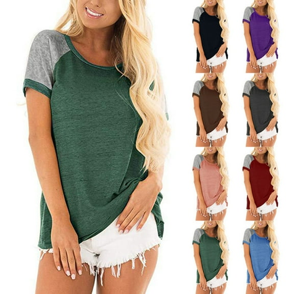 Mittory Women's Raglan Short Sleeve Crewneck T-Shirt Color Block Tunic Tshirt Casual Loose Blouses Tops