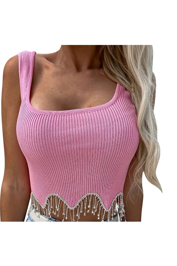 Women's Rhinestone Fringe Trim Ribbed Knit Square Neck Sleeveless Crop Tank Top
