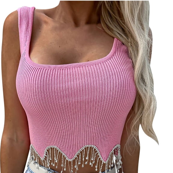 Mittory Women's Rhinestone Fringe Trim Ribbed Knit Square Neck Sleeveless Crop Tank Top