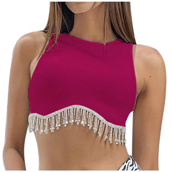 Mittory Women's Ribbed Knit Crop Tank Tops Sexy Sleeveless Rhinestone Fringe Crew Neck Vest