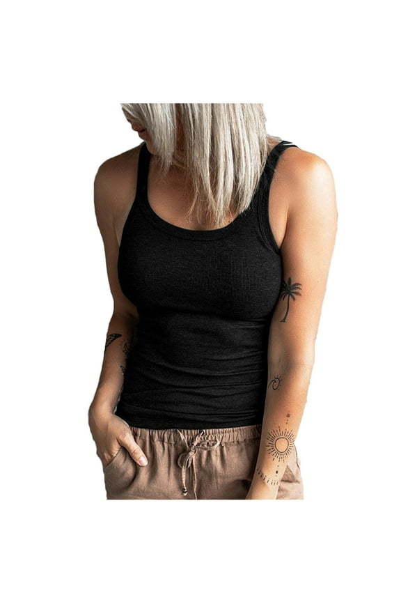 Women's Ribbed Knit Scoop Neck Slim Spaghetti Strap Tank Top Sleeveless Bodycon Plain Basic Solid Cami Shirts