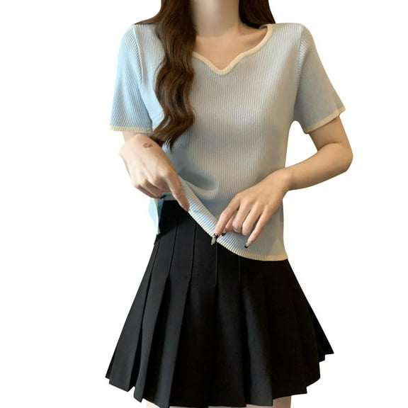 Mittory Women's Ribbed Knit Shirts V Neck Short Sleeve T Shirt Casual Loose Beach Vacation Outfits Summer Trendy Clothes