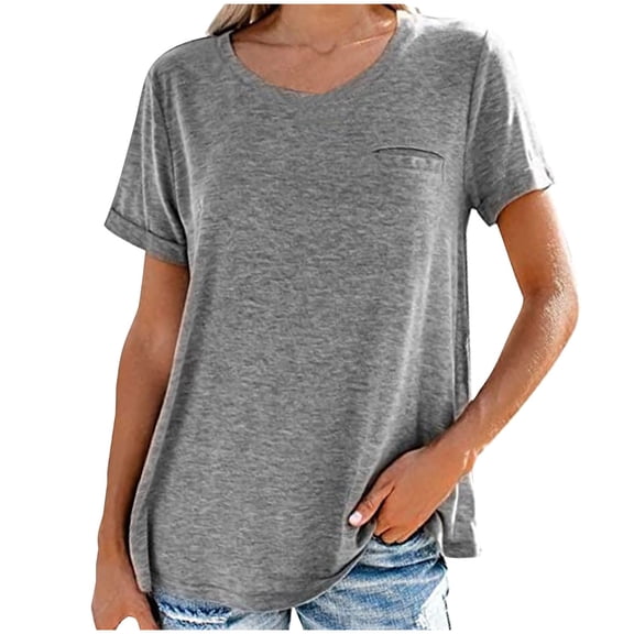 Mittory Women's Roll Up Short Sleeve T Shirts Crew Neck Tops Loose Causal Tees with Pocket