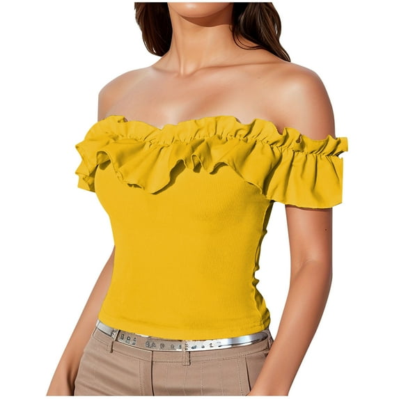 Mittory Women's Ruffle Trim Off Shoulder Short Sleeve Blouse Party Tops Shirt