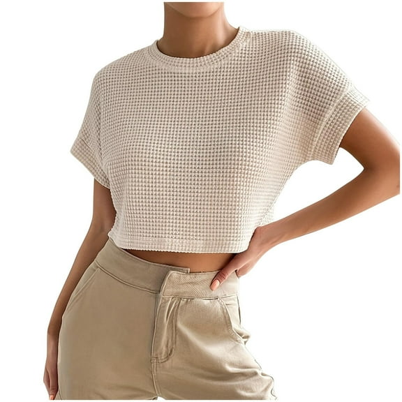 Mittory Women's Ruffled Short Sleeve Round Neck Knitted Crop Top Pullovers Sweater Casual Tee Top