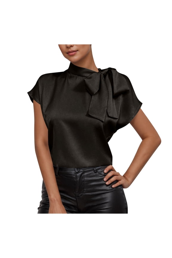 Women's Satin Tie Bow Front Top Half Open Ruffle Neck Cap Sleeve Silk Blouse Business Casual Top