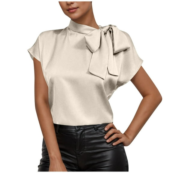 Mittory Women's Satin Tie Bow Front Top Half Open Ruffle Neck Cap Sleeve Silk Blouse Business Casual Top