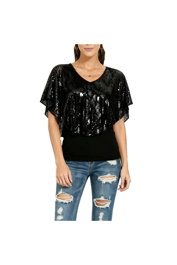 Women's Sequin Overlay Tunic, Cold Shoulder Ruffle Front Top for Cocktail Party & Club