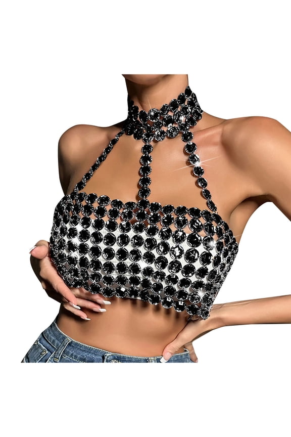 Women's Sequin Rhinestone Halter Crop Top Sexy Strappy Choker Sparkly Disco Nightclub Party Tank Shirts