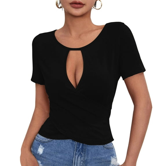 Mittory Women's Sexy Hollow Out Slim Fit T-Shirt Crewneck Short Sleeve Tees Fashion Clothes Trendy Tops