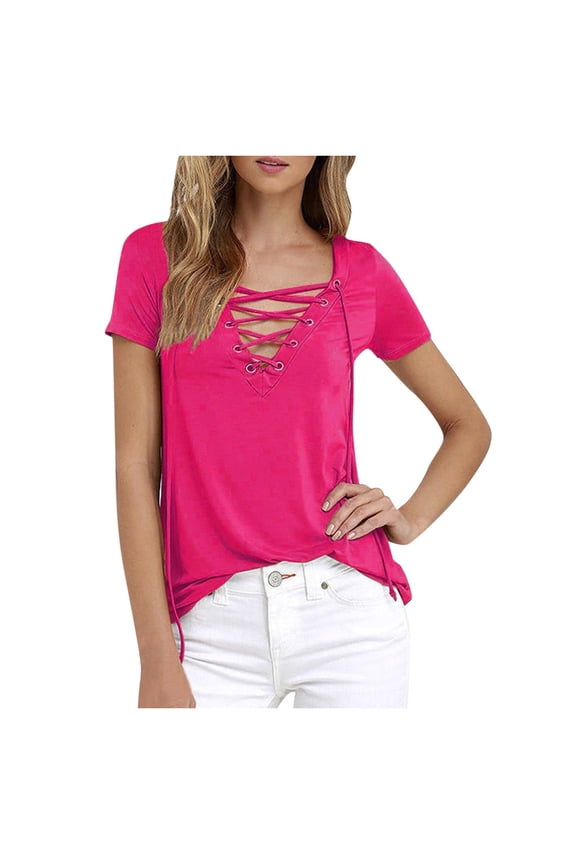 Women's Sexy Off Shoulder Short Sleeve Lace Up Criss Cross Casual Tunic Solid Color Blouse Tops Shirts