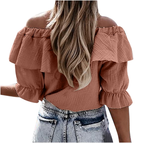 Mittory Women's Sexy Off The Shoulder Tops Tie Drawstring Ruffle One Neck Lantern Short Sleeve Party Blouse