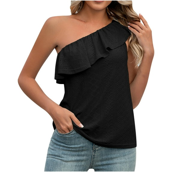 Mittory Women's Sexy One Shoulder Ruffle Trim Pleated Hollow Out Casual Loose Tunic Shirts Sleeveless Loose Tank Top
