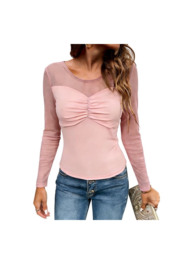Women's Sheer Mesh Layering Top, Ruched Front Crewneck Long Sleeve Blouse - Sexy Slim Fit Basic