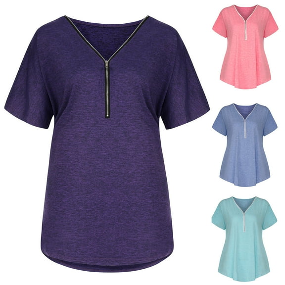 Mittory Women's Shirt Zip Plaid V Neck Short Sleeve Casual Summer Tunic Tops