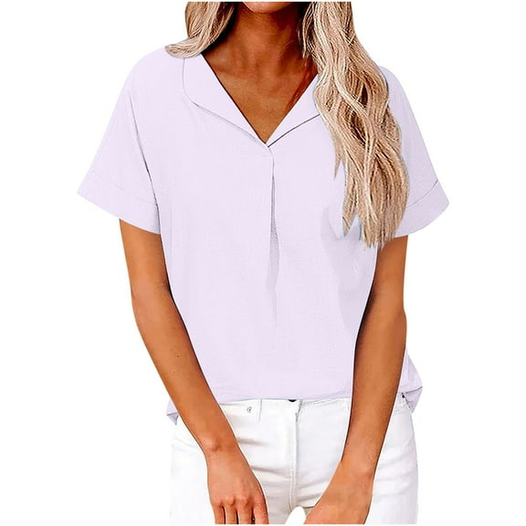 Mittory Women's Shirts Short Sleeve V Neck Summer Tops Business Casual Collared Shirts Loose Tees