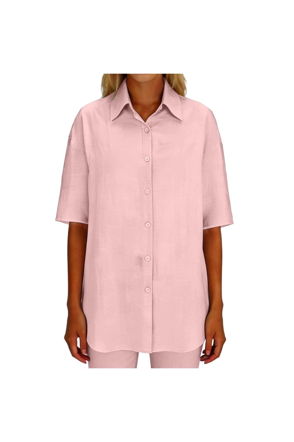 Women's Short Sleeve Button-Down Shirt, Solid Color Collared Top with Concealed Placket for Vacation & Casual