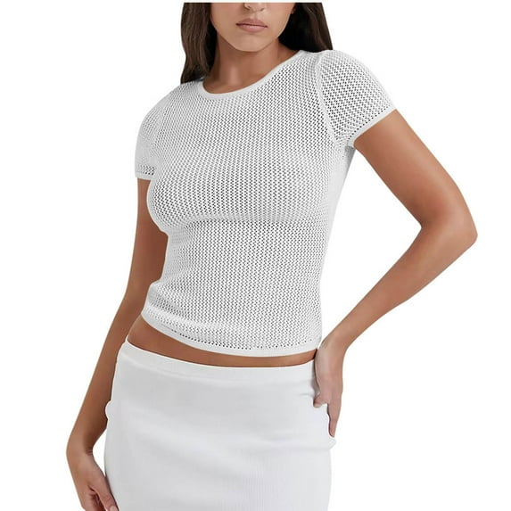 Mittory Women's Short Sleeve Crewneck Hollow Out T Shirt Ribbed Knit Solid Color Causal Tee Tops