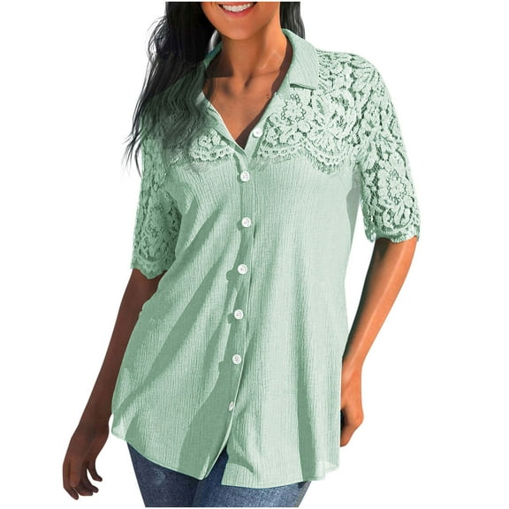 Mittory Women's Short Sleeve Cutout Embroidery Lace Top Button up V Neck T Shirt Going Out Shirts