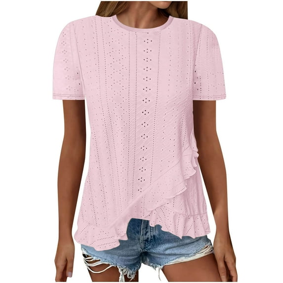 Mittory Women's Short Sleeve Eyelet T Shirts Crew Neck Flowy Loose fit Summer Basic Casual Blouses