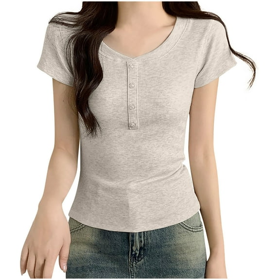 Mittory Women's Short Sleeve Henley Shirts Ribbed Round Neck Casual Button Down Summer Tops Solid Slim Stretch Basic
