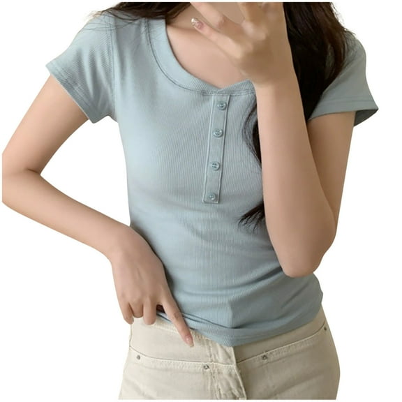 Mittory Women's Short Sleeve Henley Shirts Ribbed Round Neck Casual Button Down Summer Tops Solid Slim Stretch Basic