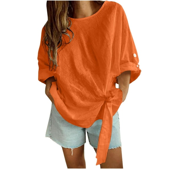 Mittory Women's Short Sleeve Loose Side Knot Front Cotton Casual Roll Up T Shirts Summer Side Beach Top
