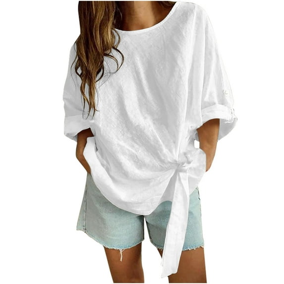 Mittory Women's Short Sleeve Loose Side Knot Front Cotton Casual Roll Up T Shirts Summer Side Beach Top