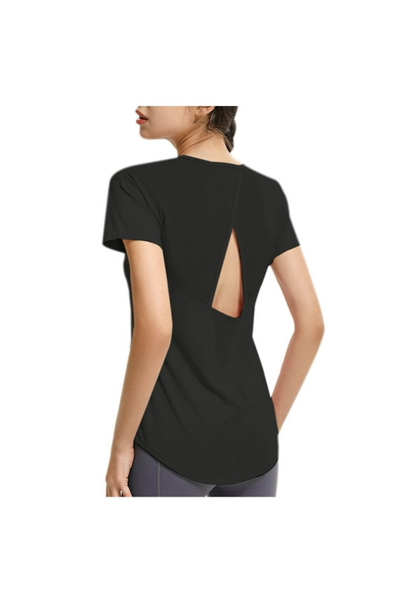 Women's Short Sleeve Mesh Athletic Tops Open Back Workout Running Gym Tee Top Loose Fit
