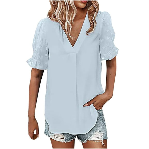 Mittory Women's Short Sleeve Puff Top V Neck Pleated Shirts Casual Loose Chiffon Blouse