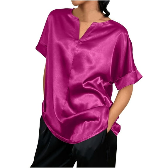 Mittory Women's Short Sleeve Satin Blouses Casual Loose Crewneck Silk Shirts Roll Up Sleeve Tunic Tops