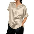 thumbnail image 1 of Mittory Women's Short Sleeve Satin Blouses Casual Loose Crewneck Silk Shirts Roll Up Sleeve Tunic Tops, 1 of 5