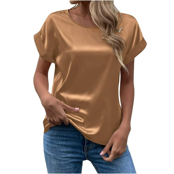Mittory Women's Short Sleeve Satin Blouses Casual Loose Crewneck Silk Shirts Roll Up Sleeve Tunic Tops