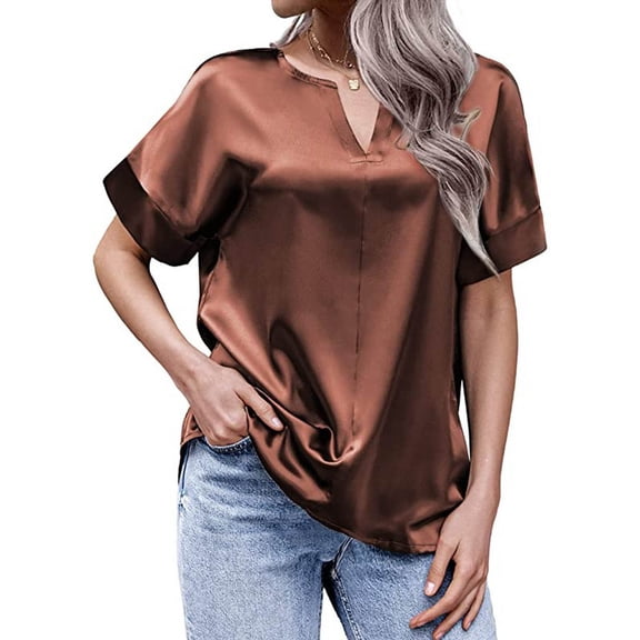 Mittory Women's Short Sleeve Satin Blouses Casual Loose Crewneck Silk Shirts Roll Up Sleeve Tunic Tops