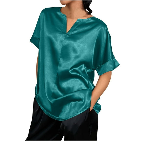 Mittory Women's Short Sleeve Satin Blouses Casual Loose Crewneck Silk Shirts Roll Up Sleeve Tunic Tops