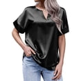 thumbnail image 1 of Mittory Women's Short Sleeve Satin Blouses Casual Loose Crewneck Silk Shirts Roll Up Sleeve Tunic Tops, 1 of 5