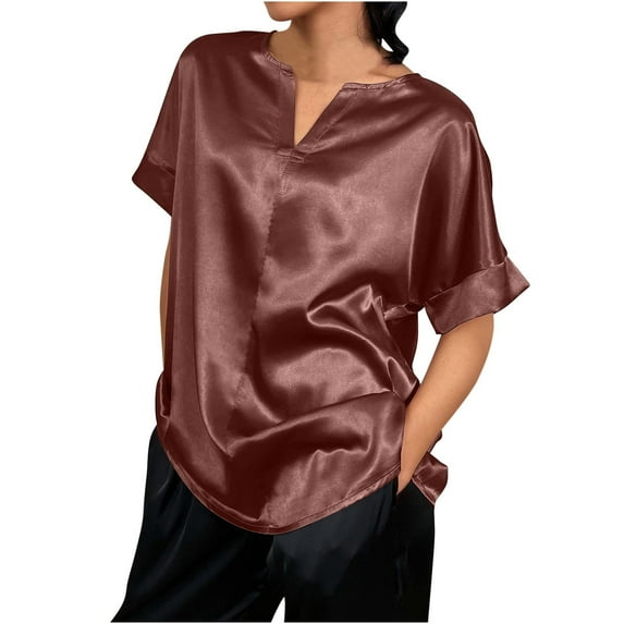 Mittory Women's Short Sleeve Satin Blouses Casual Loose Crewneck Silk Shirts Roll Up Sleeve Tunic Tops