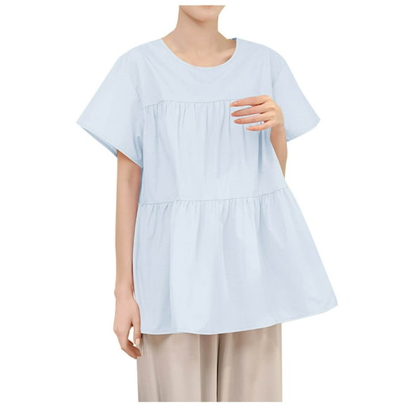Mittory Women's Short Sleeve Summer Tops Round Neck Babydoll Blouses Dressy Casual Loose Vacation Beach Shirts