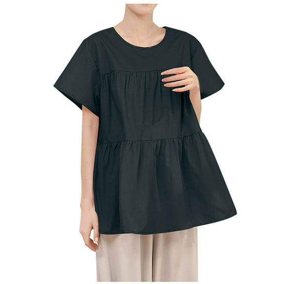 Mittory Women's Short Sleeve Summer Tops Round Neck Babydoll Blouses Dressy Casual Loose Vacation Beach Shirts