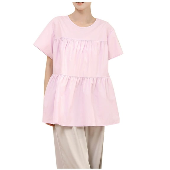 Mittory Women's Short Sleeve Summer Tops Round Neck Babydoll Blouses Dressy Casual Loose Vacation Beach Shirts