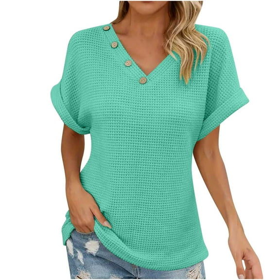 Mittory Women's Short Sleeve T Shirts V Neck Decorative Button Shirts Ribbed Basic Henley Fit Summer Tops