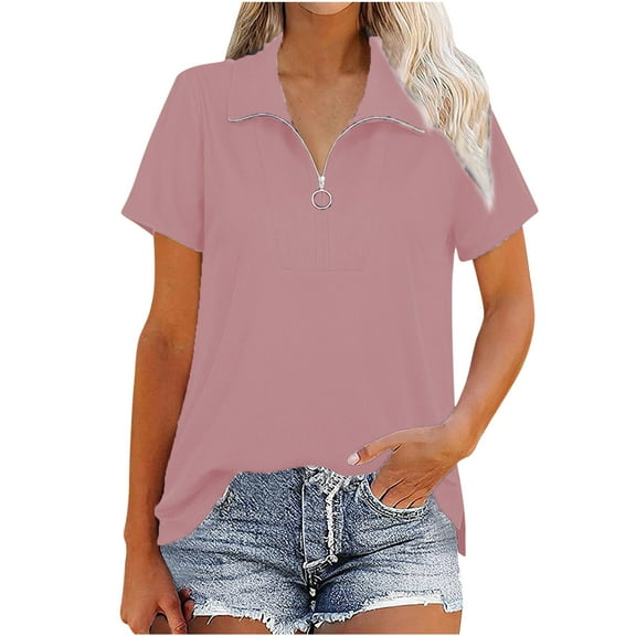 Mittory Women's Short Sleeve Tops and Blouses Zipper Collar V Neck Business Casual Tops Loose Fit Tunic Shirt