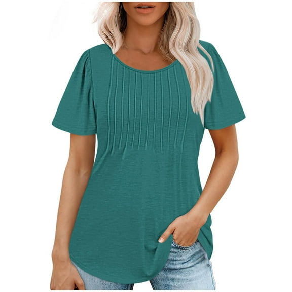 Mittory Women's Short Sleeve Tunic Tops Pleated Crew Neck Summer Blouses Dressy Casual Loose T Shirts