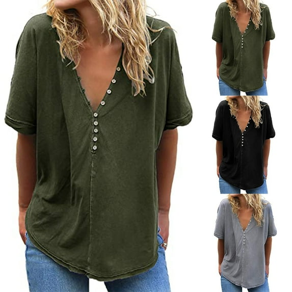 Mittory Women's Short Sleeve V-Neck Chiffon Blouses Tops Button Down Slim Shirts Tunics Ladies Summer Tops